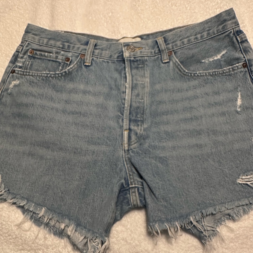 Agolde Light Blue Frayed Jean Shorts